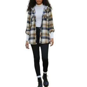 Adam Levine Women's Flannel Hooded Button Up Top, Tan Black White 2 of 5